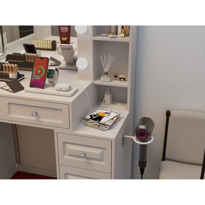 Makeup Vanity with Mirror and Lights, Dressing Table with USB Ports, Hair Dryer Holder & 7 Storage Drawers