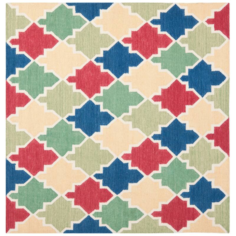 SAFAVIEH Hand-woven Moroccan Jeanmarie Reversible Dhurrie Wool Rug - 6' Square - Blue/Multi