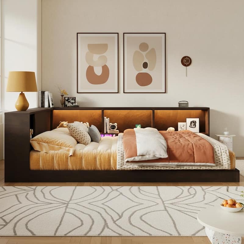 Queen L-Shape Storage Daybed with LED Shelf, Hidden Slide Cabinet & Built-In USB Power Hub by Harper&Bright Designs - Brown