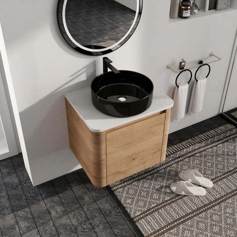 Malwee 24"/30" Floating Bathroom Vanity, Wall Mounted Bathroom Vanity with Ceramic Sink and Soft Close Door - 23.6"×18.5"×24.4" - Brown-Black with white patterns