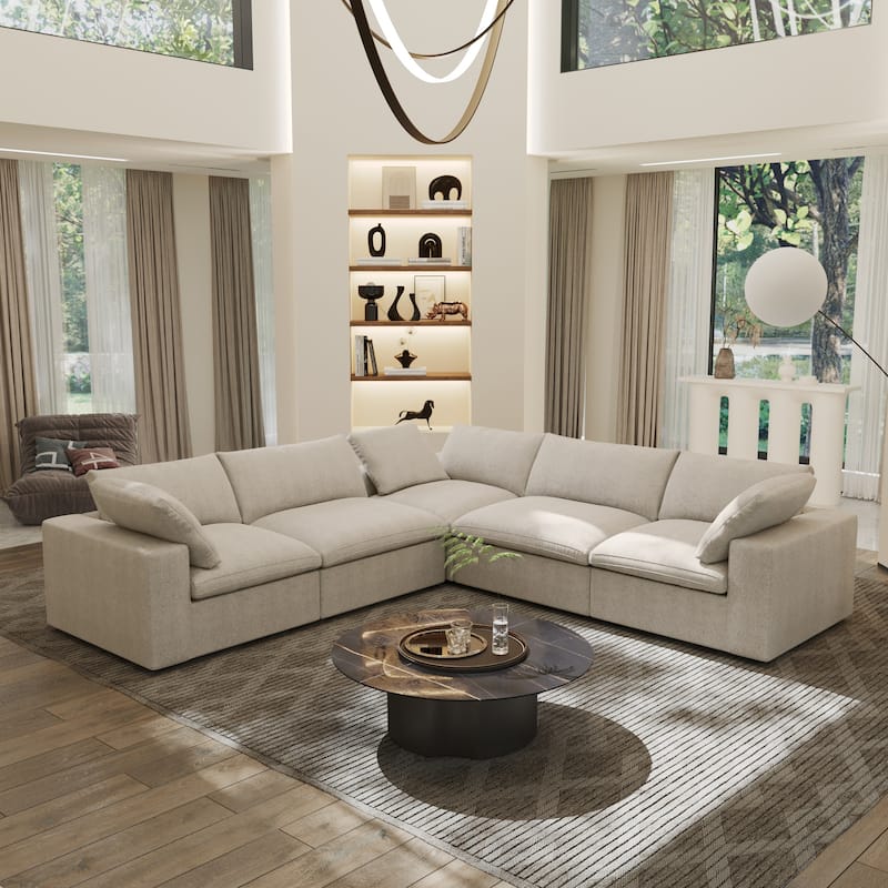 V-shaped Large Corner Sectional Sofa Modern Upholstered Couch - Khaki without ottoman