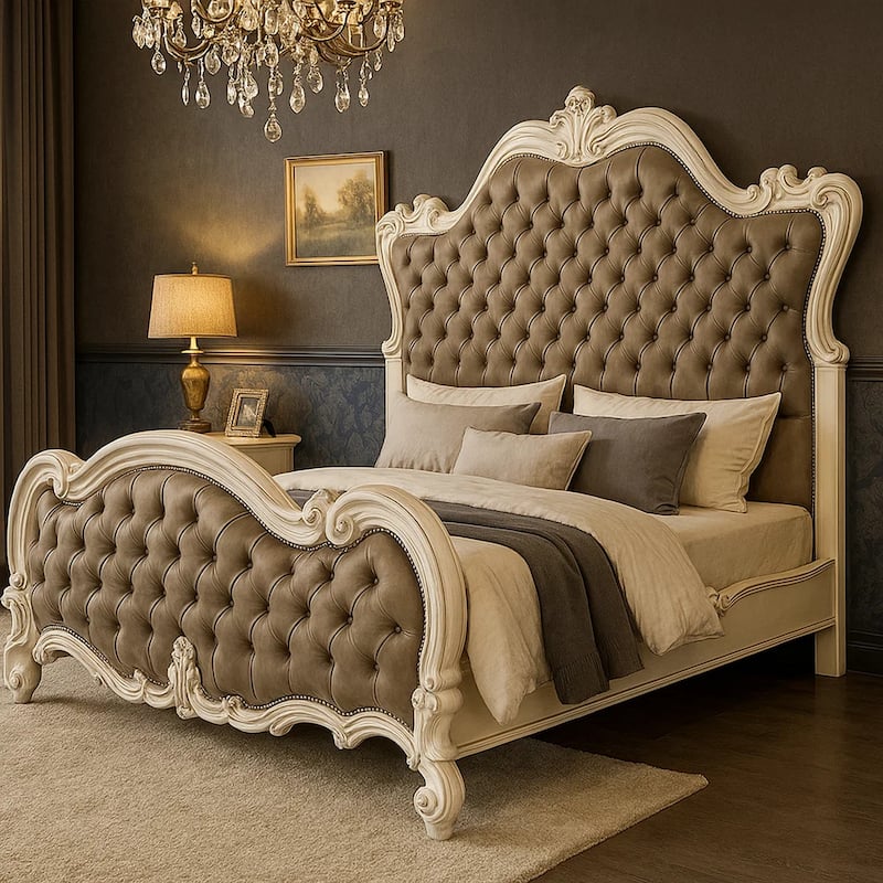 Sicily California King Bed, Classic Carved, Tufted Gray Faux Leather