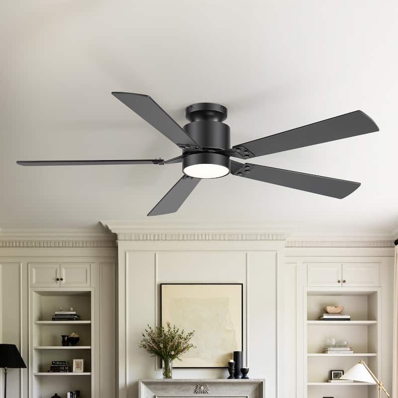 52-Inch Matte Black Flush Mount Ceiling Fan with RGB LED Light and Voice Control((5 Reversible Blades)