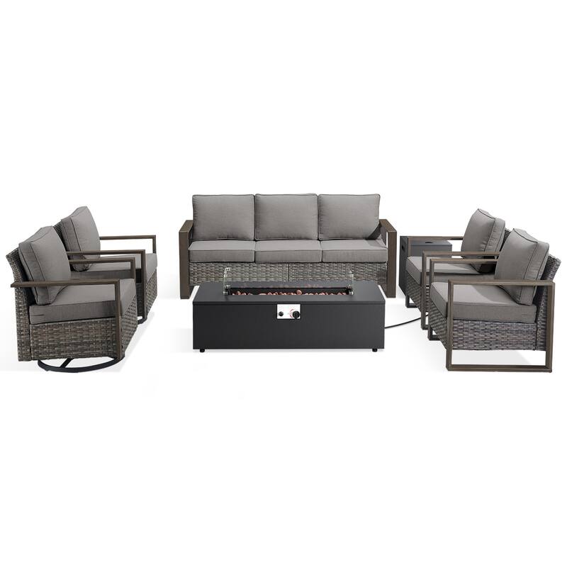 Meyreso Wicker Outdoor Patio Fire Pit Set with Swivel Gliders and 4.5-Inch Olefin Cushions