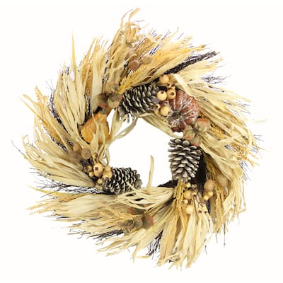 24" Artificial Pumpkin Wheat Berry Corn Husk Wreath