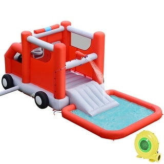 Costway Fire Truck Themed Inflatable Castle Water Park Kids Bounce - See Details