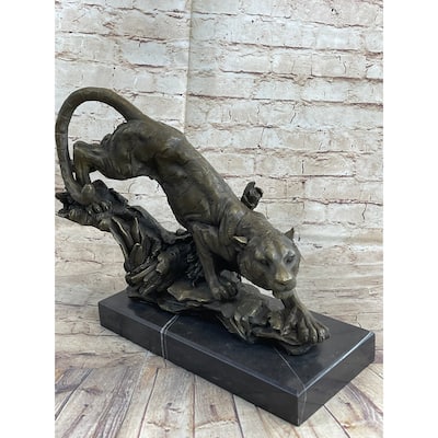 Tiger Bronze Sculpture Statue Figure On Marble Base Signed