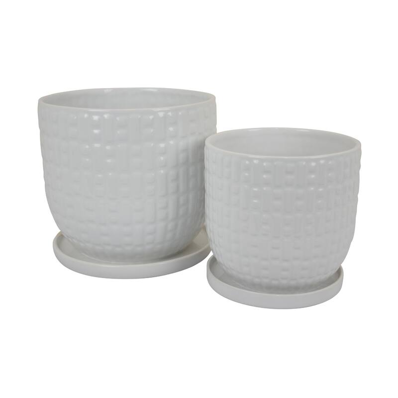 Set of 2 Ceramic Planters,Dotted Chequered Texture, White Glaze Finish