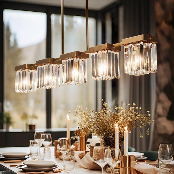 slide 2 of 19, Diore Modern Gold 5-Light Crystal Chandelier 40 in. W Linear Glam Island Lights for Kitchen Island - L 40.2" x H 70" Max
