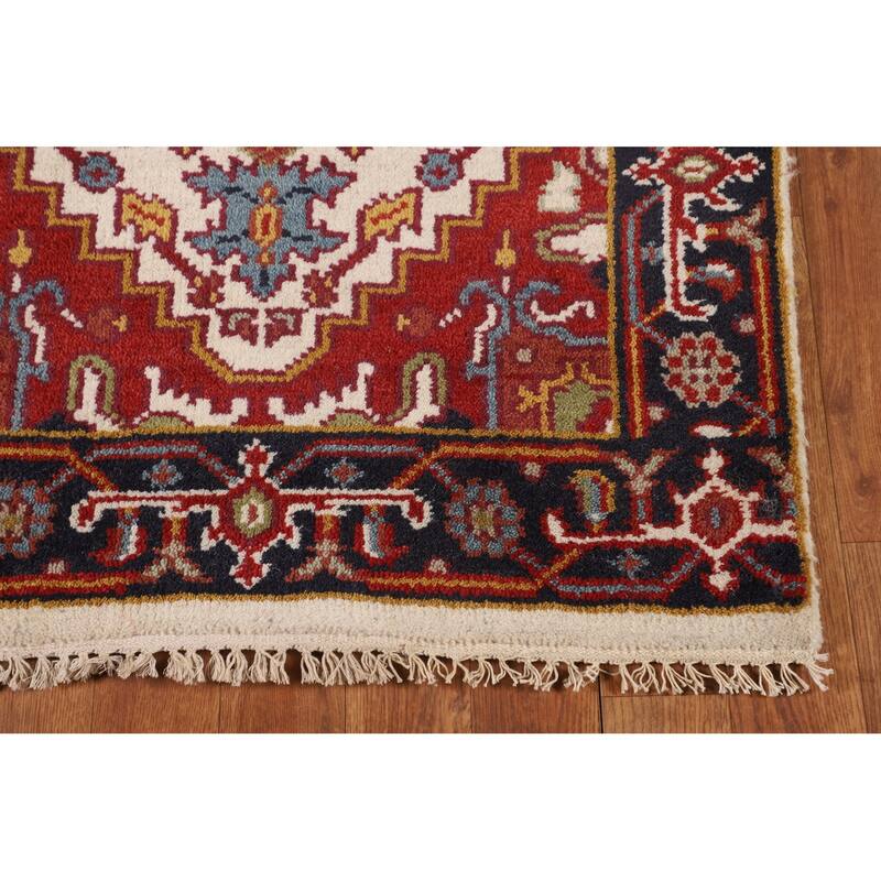 Ivory Geometric Heriz Serapi Oriental Runner Rug Handmade Wool Carpet - 2'7"x 10'10"