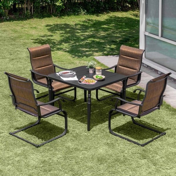 slide 2 of 23, Nuu Garden 5-Piece Patio Outdoor Textilene and Metal Dining Set with Umbrella Hole Brown