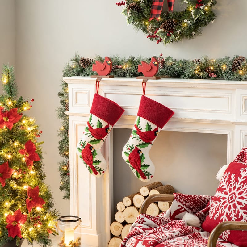 Glitzhome 21"L Poinsettia Cardinal Hooked Stocking