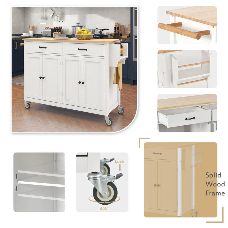 54.33'' Solid Wood Kitchen Island Cart with Locking Wheels, Spice Rack, Towel Rack, 4 Door Cabinet and 2 Drawers