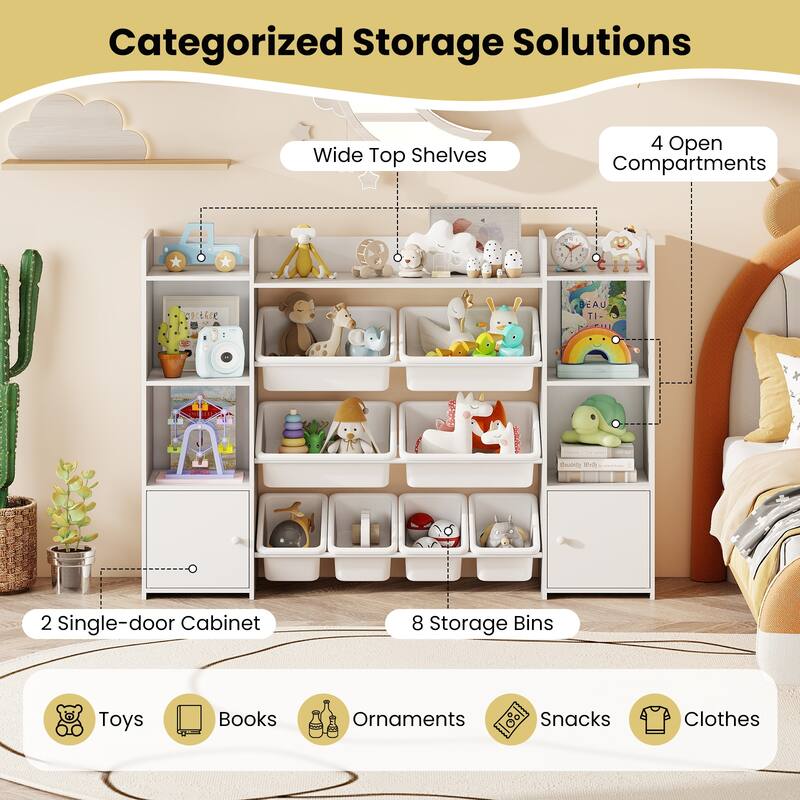 56" Kids Storage Shelf with 8 Removable Bins Rounded and Corners Anti-Tip Design - 56" x 12" x 39"