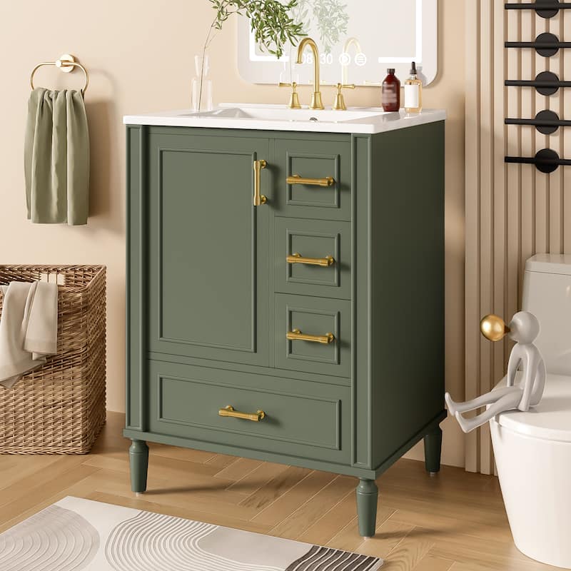 24" Modern Bathroom Vanity with Ceramic Sink - Soft-Close Door, 3 Drawers & Gold Handles