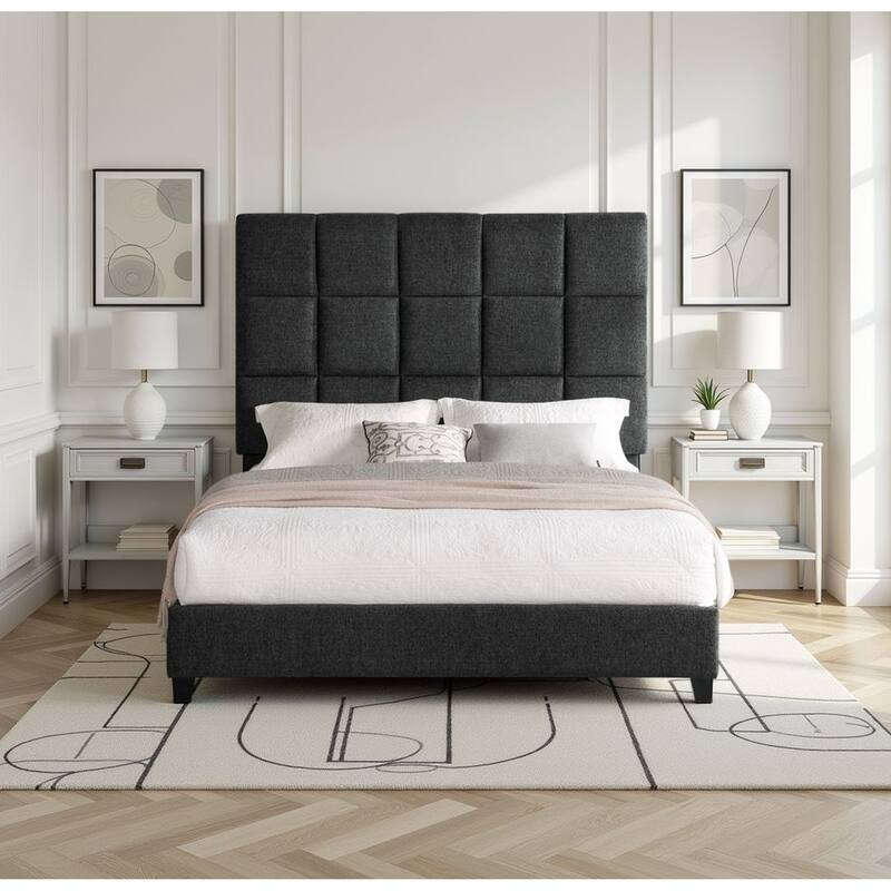 Grey Upholstered Queen Size Platform Bed with Headboard - Grey