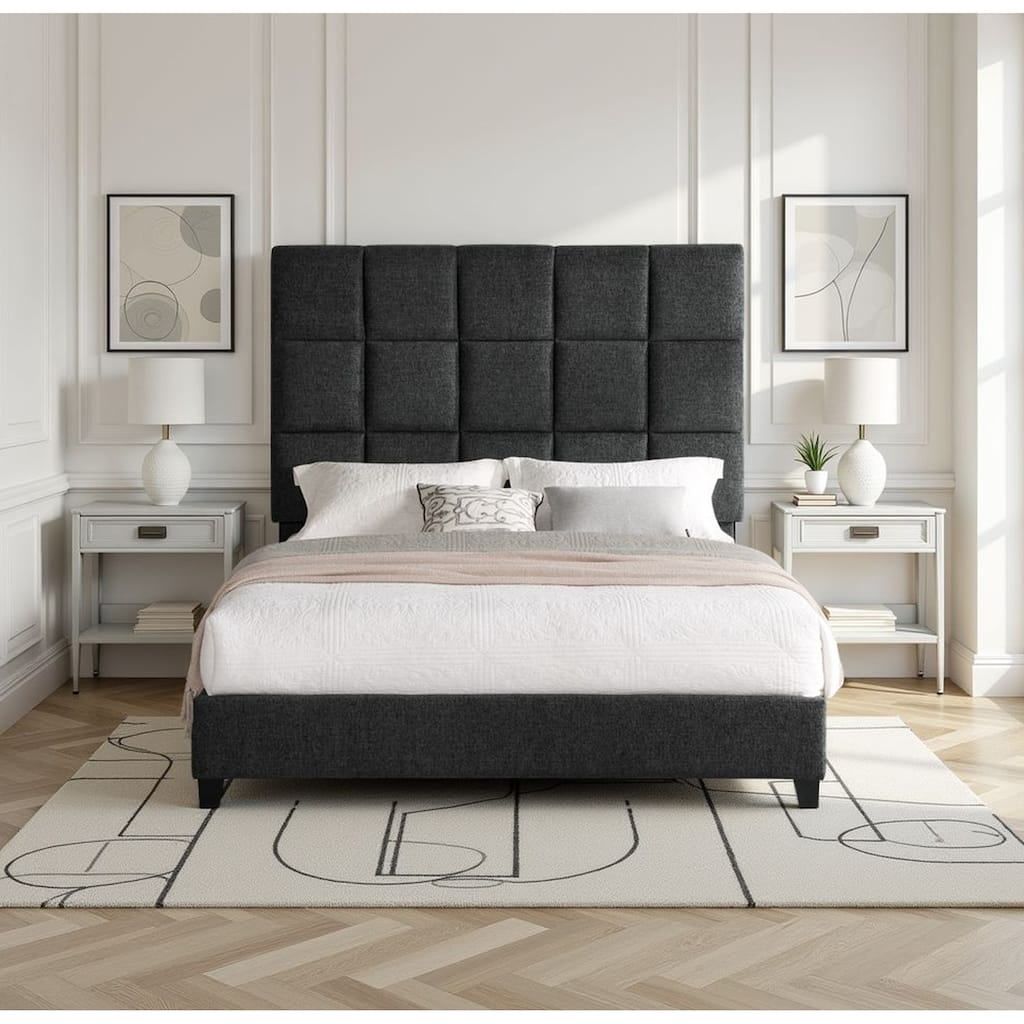 Grey Upholstered Queen Size Platform Bed with Headboard