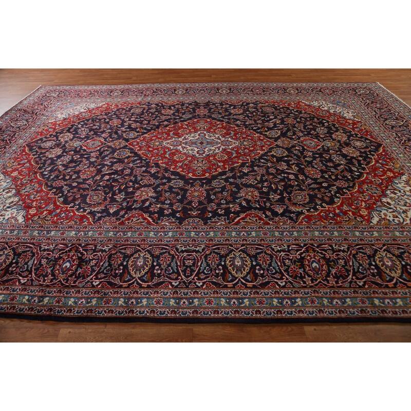 Vintage Traditional Kashan Persian Wool Area Rug Hand-knotted Carpet - 9'11" x 13'1"