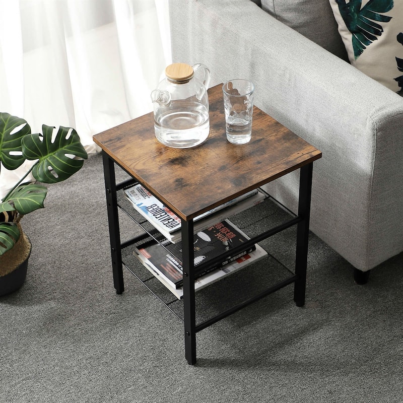 Set of 2 Side Table Nightstand with Medium Wood Finish Top and Mesh Shelves - 15.7"L x 15.7"W x 19.7"H