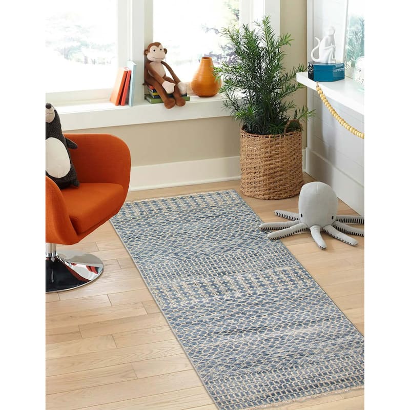 ECARPETGALLERY Hand-knotted Silk Shadow Denim Blue Wool Rug - 2'6 x 8'0