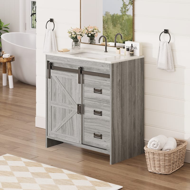 EROMMY Farmhouse Bathroom Vanity with Ceramic Top and Sliding Barn Door Sink Cabinet, Rustic Single Sink Vanity