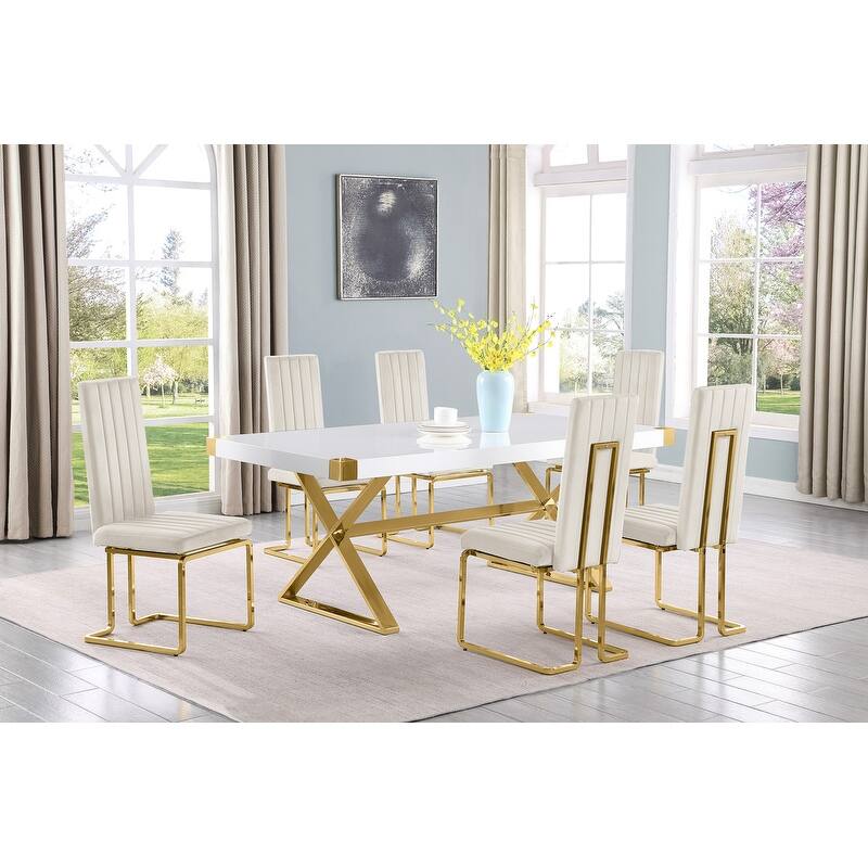 Best Quality Furniture D440/1-SC340-7 Dining Set with 78" White Lacquer Wood Top - 7-Piece - Cream / Gold