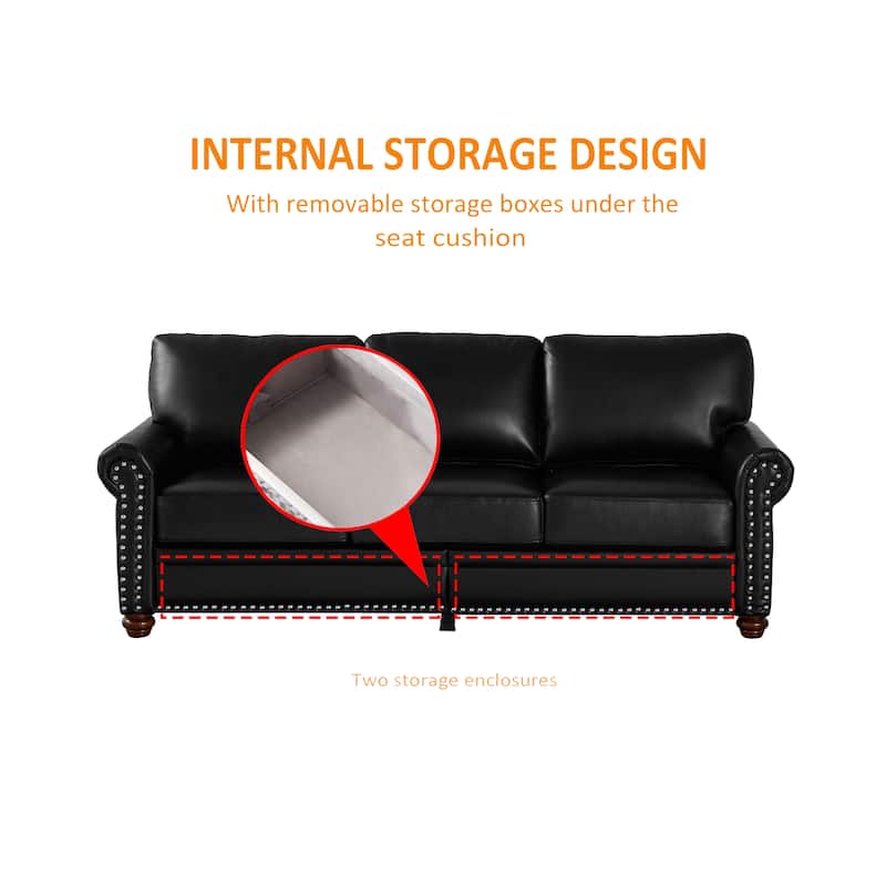 Elegant Living Room Sofa: High Capacity Faux Leather Couch with Decorative Nails