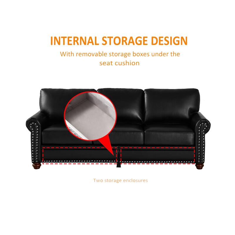 Living Room PU Sofa Set with Storage Sofa, 1+2+3 Sectional with Silver Nails and Solid Wood Legs