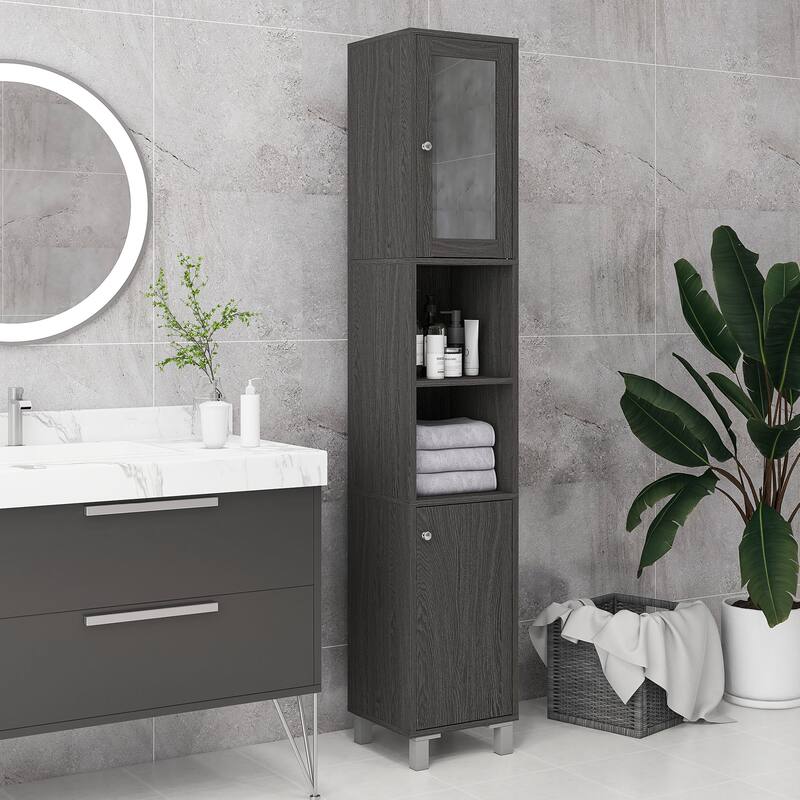 Chic Floor Cabinet Skin Care Cabinet with Adjustable Shelves, Tall Bathroom Storage Cabinet with Mirror - Gray