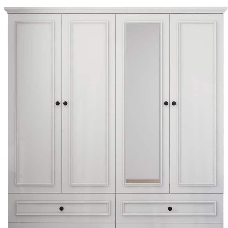 HomeRoots 71" White Carved Geometric Mirrored Four Door Four Drawer Combo Dresser