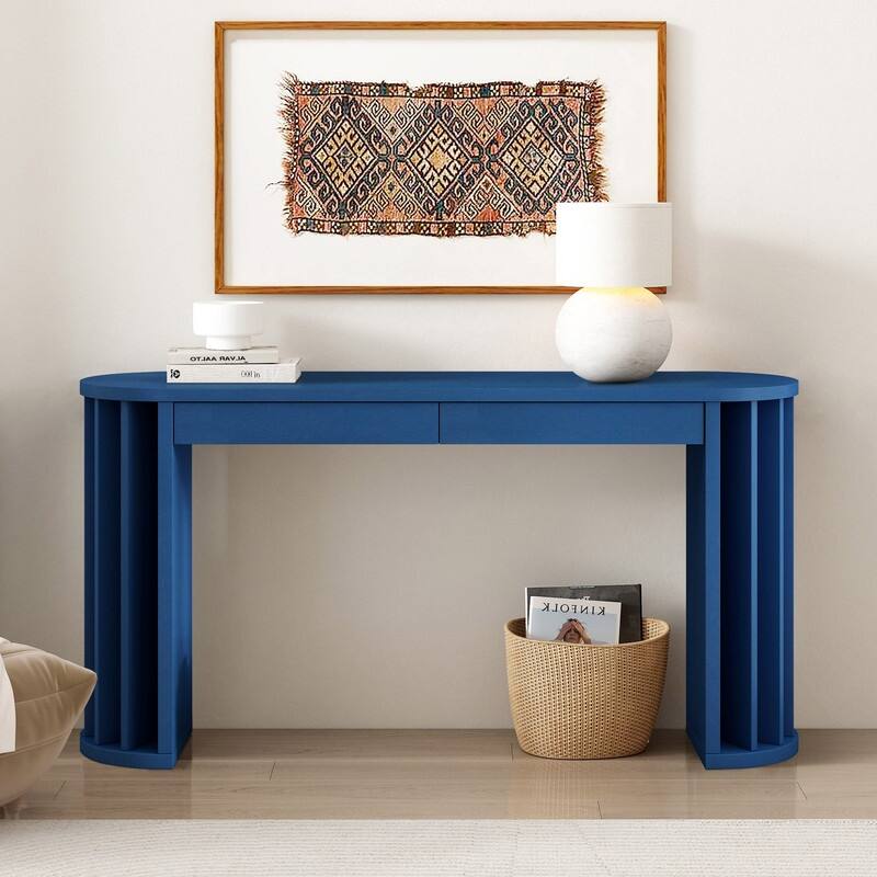 59" Curved Console Table with Straight Line Design for Living Room or Entryway Storage - Navy Blue