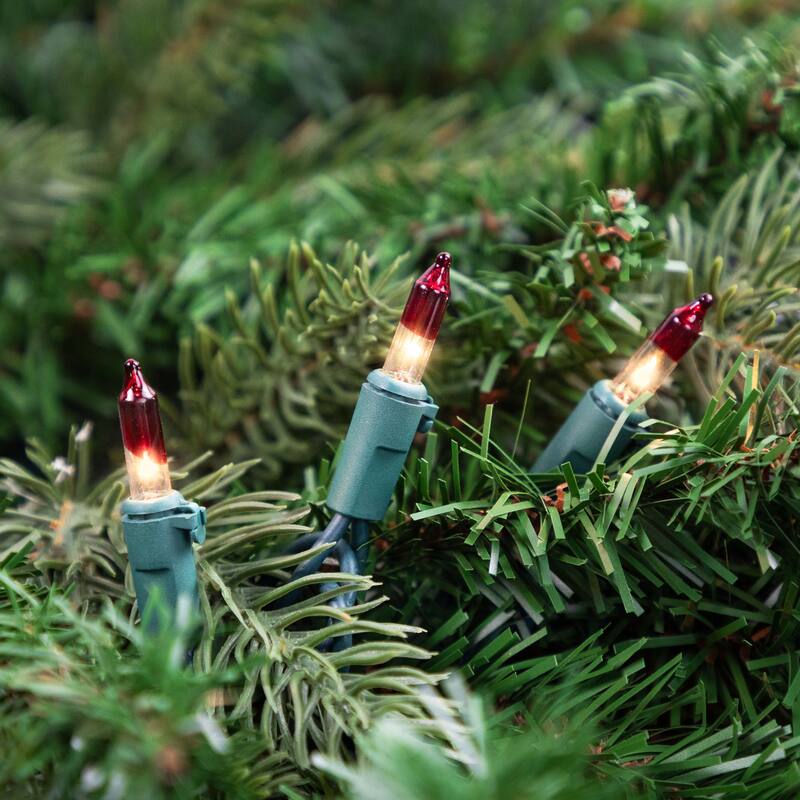Mini Christmas Light Set - Clear with Red Tips - 20.25' Green Wire - 100ct