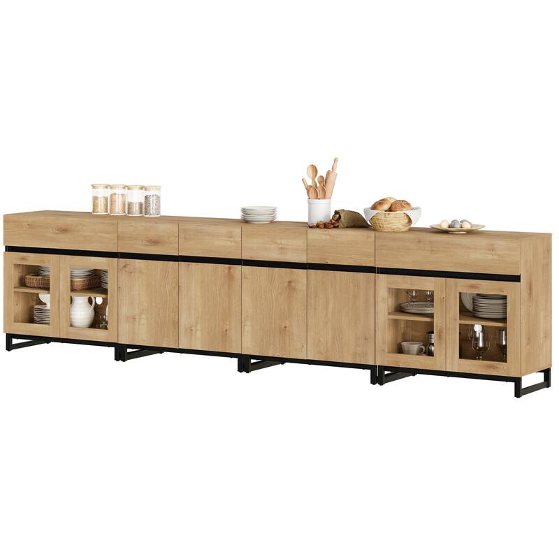 4 in 1 Sideboard Buffet Cabinet with 2 Glass Doors & Drawers, Adjustable Shelf, Metal Base for Living Room, Kitchen