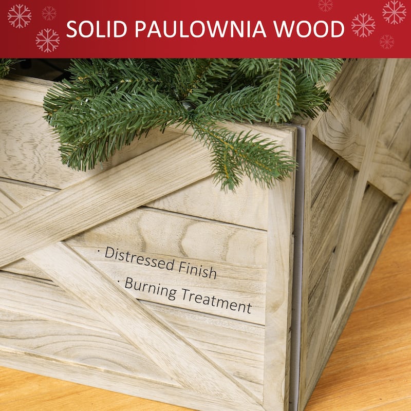 Christmas Tree Collar in Light Distressed Wood with Rustic X Motifs for Tree Base - 28.3" L x 27.2" W x 14.6" H