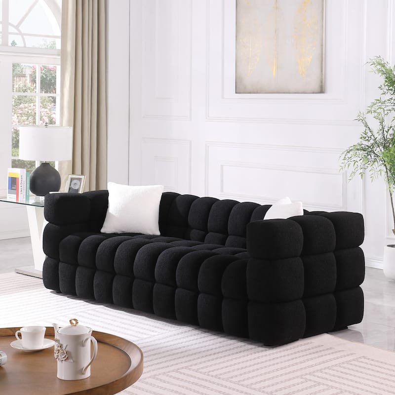 Wayna Modern Square Sofa, Sherpa Thick Cushion Double Sofa - 3seat - Black