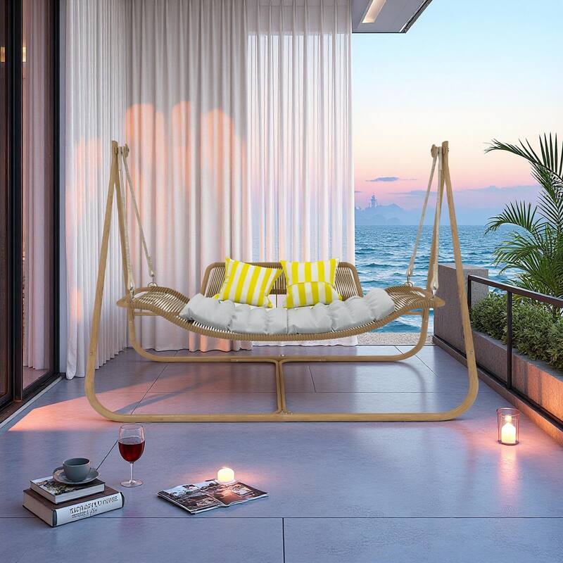 Rattan Metal Hammock Chair with Stand - 570lb Capacity, Includes Cushion and Wood-Grain Frame - Gold+Brown