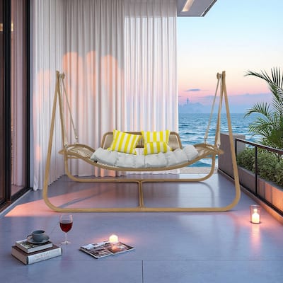 Rattan Metal Hammock Chair with Stand - 570lb Capacity, Includes Cushion and Wood-Grain Frame