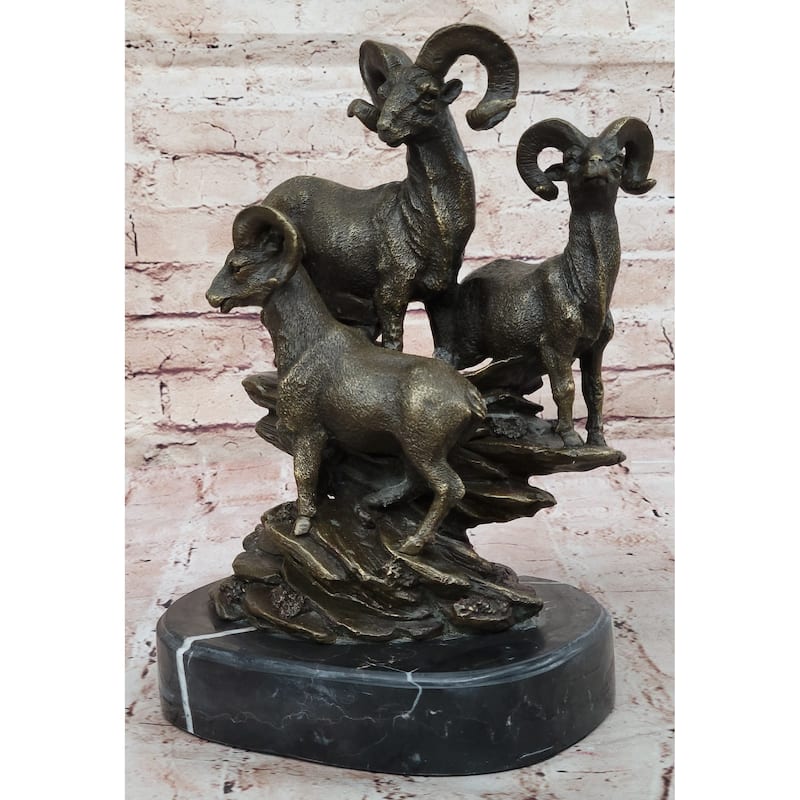 Trio Of Mountain Rams Bronze Sculpture On Marble Base For Rustic Wildlife Decor