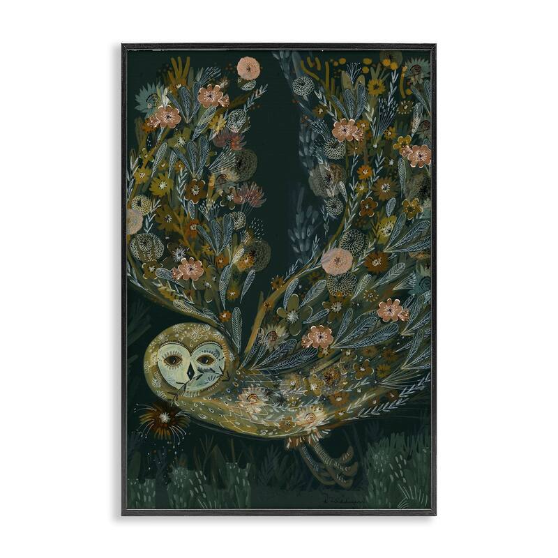 Stupell Floral Folk Barn Owl Framed Giclee Art Design By Kay Widdowson - 16 x 24 - Black