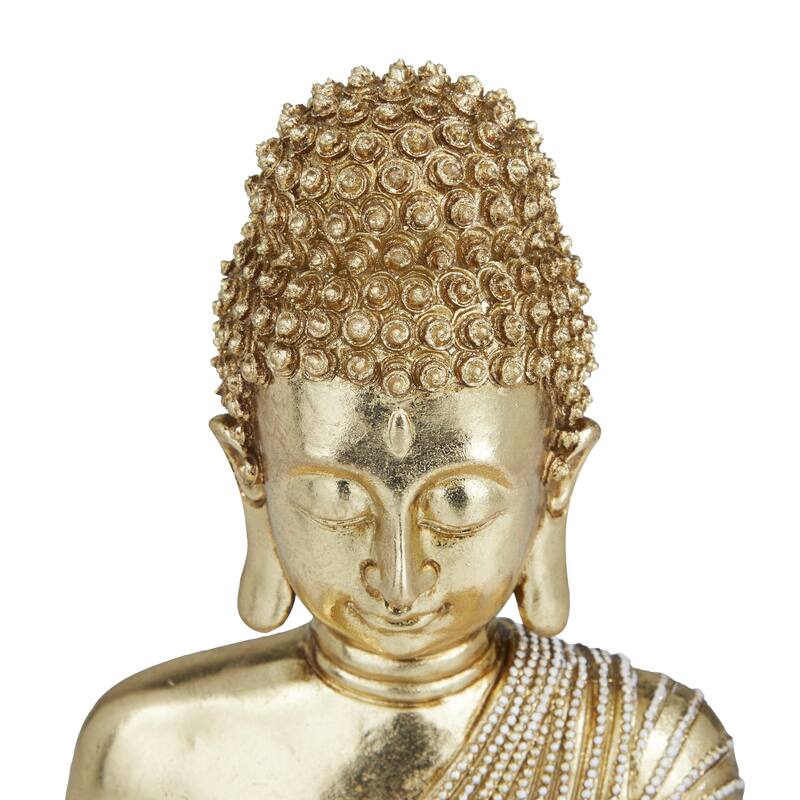 Gold Polystone Meditating Buddha Decorative Sculpture with Engraved Carvings and Relief Detailing