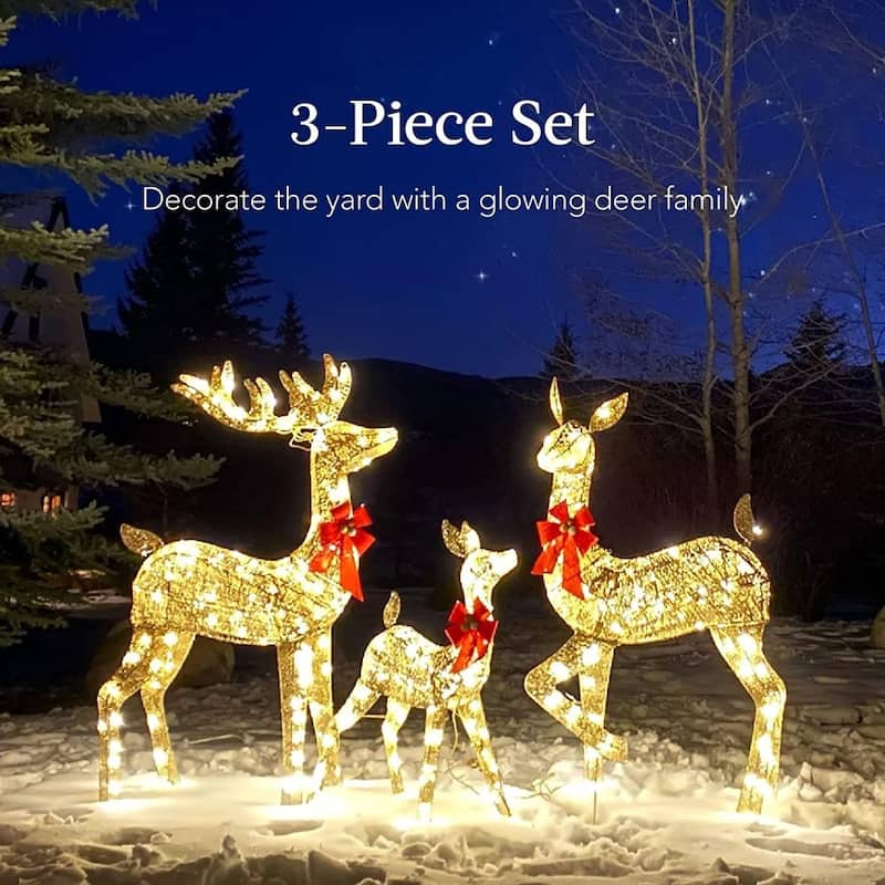 5ft Lighted Christmas Deer Set, 3-Piece Reindeer Holiday Decor - Golden