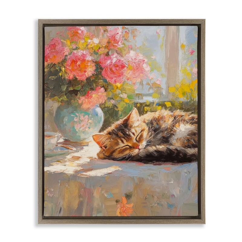 Stupell Sleeping Kitten & Flower Vase Framed Floater Canvas Wall Art Design By Nini Art - 17 x 21 - Brown