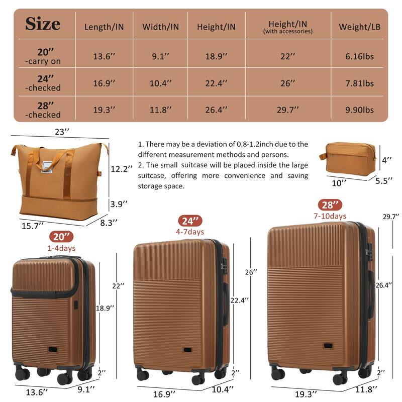 Luggage Sets 5 Piece with Half-opening, Hardside Carry On Suitcase Set with Double Spinner Wheel, with USB Port,TSA Locks