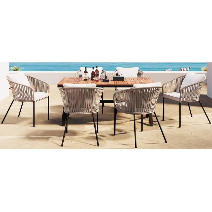 7 Pieces Patio Dining Set, All-Weather Outdoor Furniture Set with Acacia Wood Dining Table and Upholstered Chairs, Metal Frame