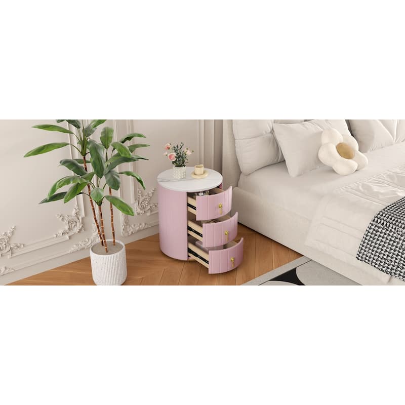 Round Nightstand with 3 Drawers, Velvet Upholstered Storage Cabinet, Sofa Side Table with Marble Table Top & Metal Legs