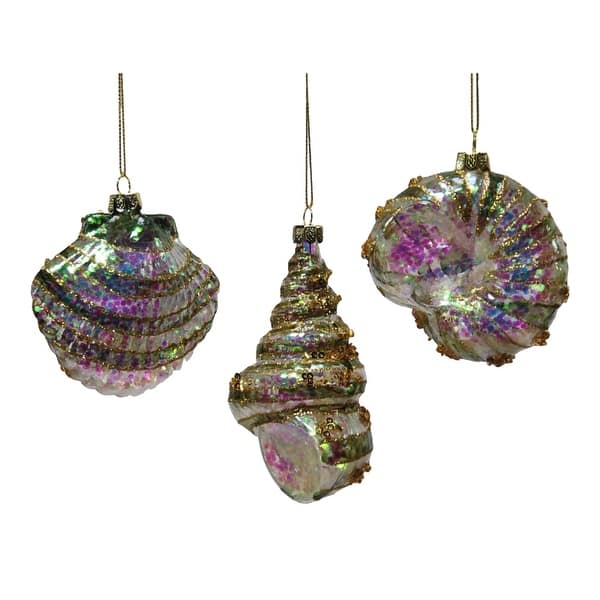 Gold White Sea Shells Holiday Glass Ornaments Set of 3 Katherine's ...