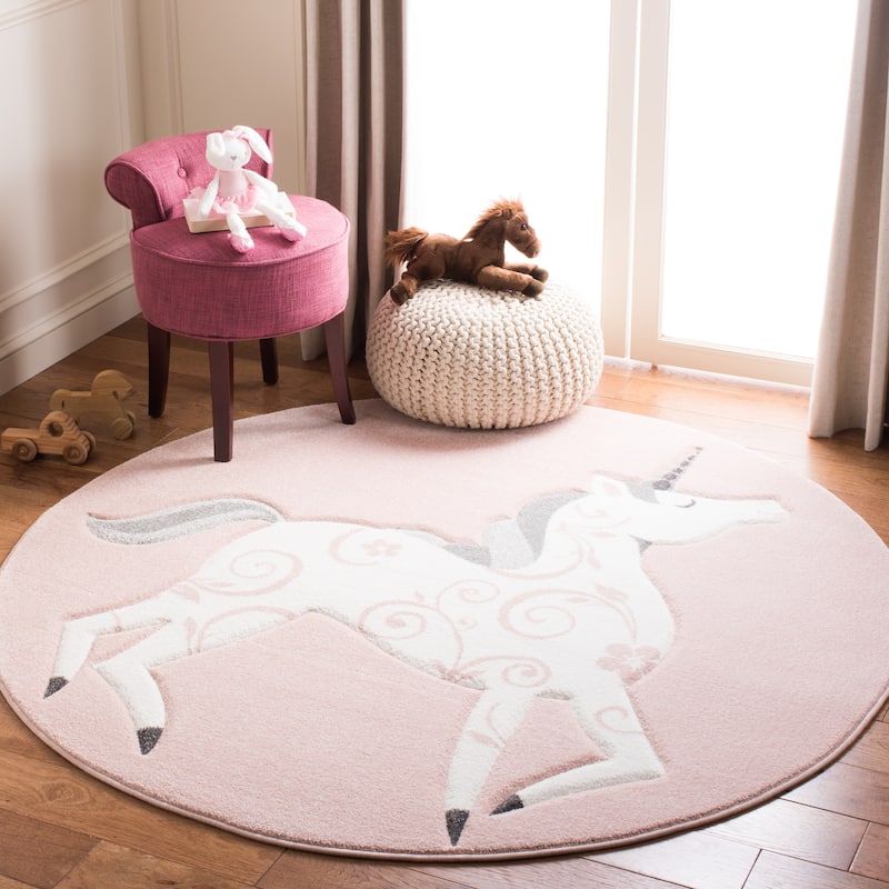 SAFAVIEH, Carousel Kids Mareke Unicorn Rug - 8' Round - Pink/Ivory
