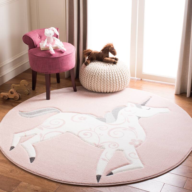 SAFAVIEH Carousel Kids Maronna Unicorn Rug - 6'7" x 6'7" Round - Pink/Ivory
