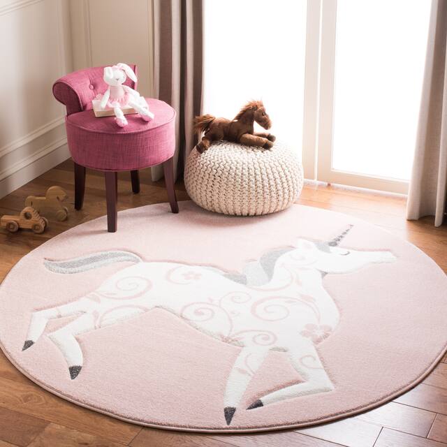 SAFAVIEH Carousel Kids Maronna Unicorn Rug - 3' x 3' Round - Pink/Ivory