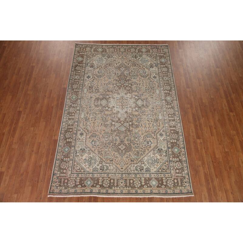 Hand Knotted Oriental 100% Wool Carpet Traditional Medallion Peach Tabriz Area Rug - 9' 9'' X 6' 5''